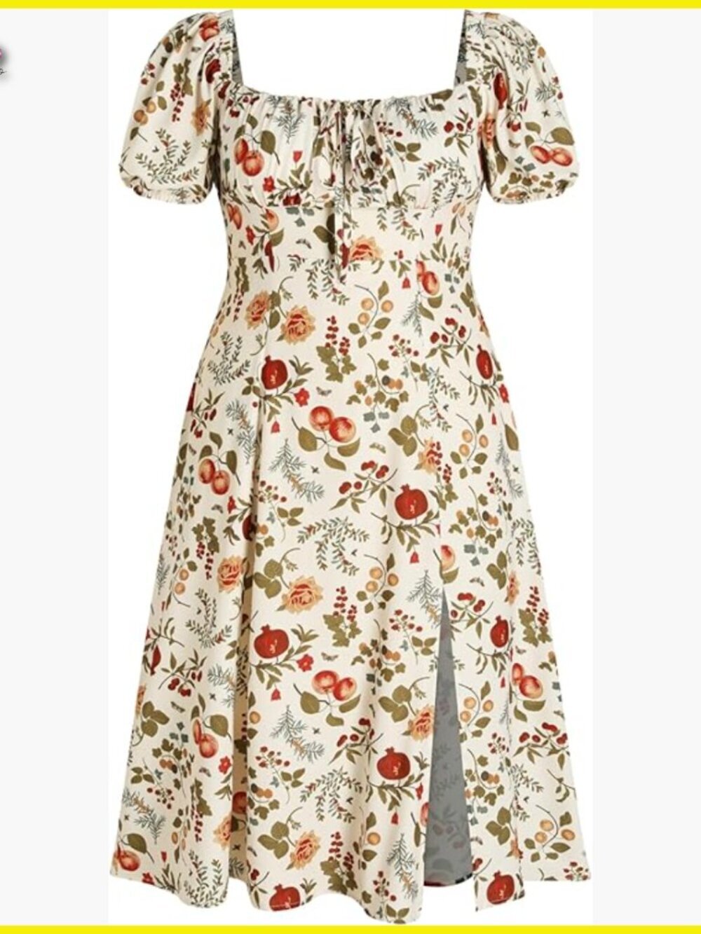 Floral Fruit Square Neck Puff Sleeve Midi Dress Plus Size Summer Chic